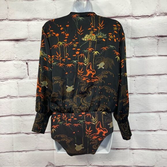 Zara Accessories Bodysuit Plunging V Neck Top Size M Black Orange Floral Turtle - Picture 2 of 16